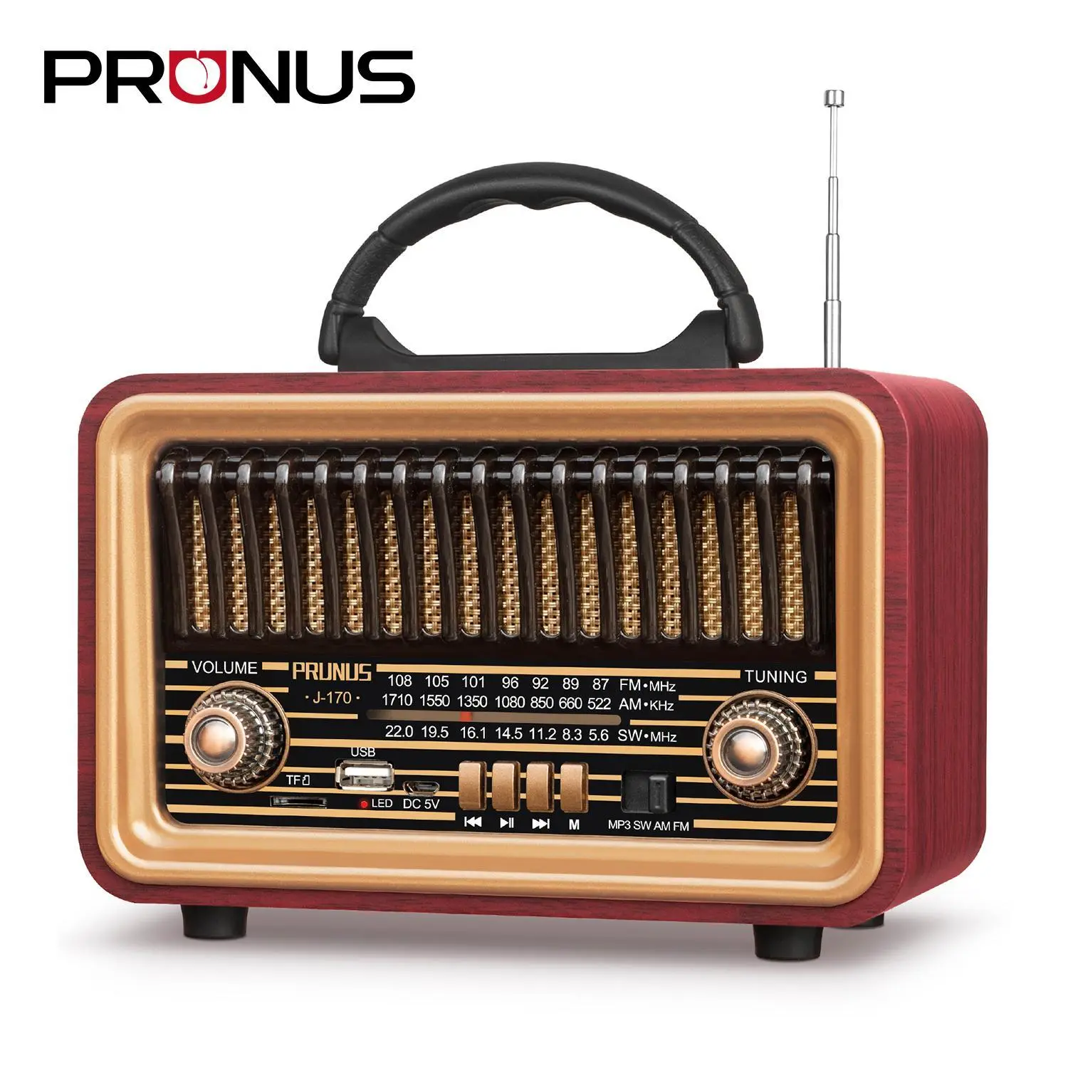 PRUNUS J-170 PRUNUS Retro Vintage Radio with Bluetooth, Radios Portable AM FM | Rich Bass Stereo Sound, Rechargeable Speaker with TWS Pairing, Loud Volume,BT5.0, TF Card & MP3 Player for Home/Party