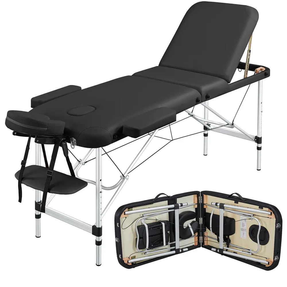 Yaheetech Sturdy Beech Wood Faux Leather Foam Massage Table - Commercial Salon Furniture, 3-Fold Portable Spa Bed with Metal Legs & Hand Pallet, Waterproof Adjustable Grooming Equipment