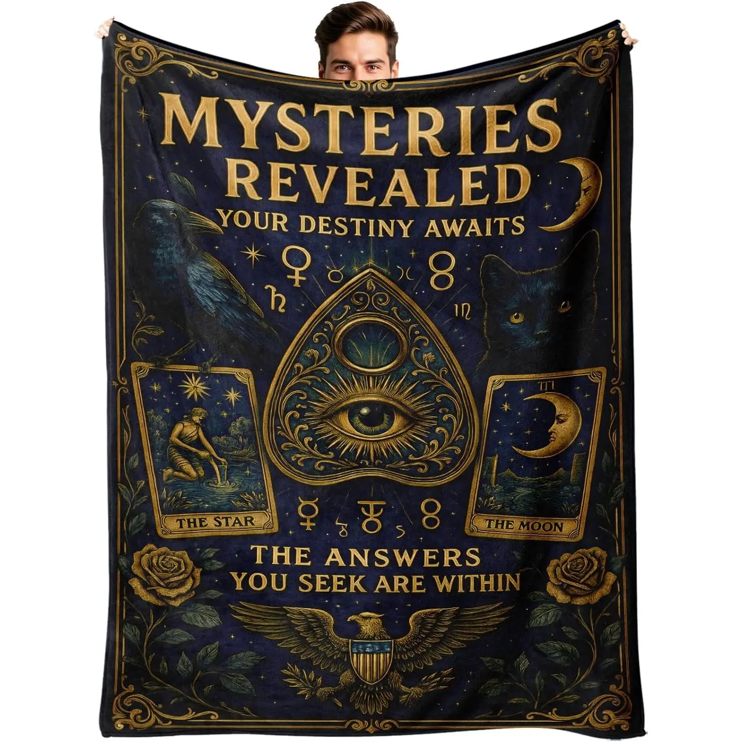 Mystical Tarot Throw Blanket - 100% Polyester Traditional Multi-Size (60x50in Rectangular), Astro Tapestry with Raven & Black Cat, Zodiac Print, Gothic Decor, Occult Divination Gift, Wrinkle Resistant, Machine-Washable