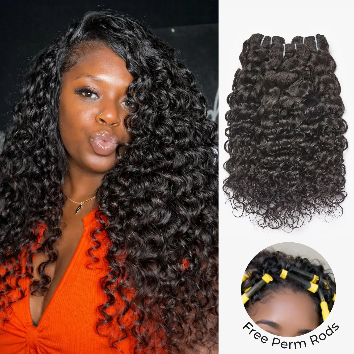 [Wequeen] Wet Look Water Wave Human Hair Bundles with Free Perm Rods Brazilian 100% Human Hair Budget Friendly Curled Viral Hair Full And Soft