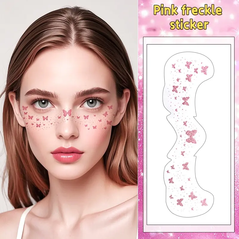 Shimmering pink freckle sticker - glitter tattoo sticker - temporary makeup sticker for adult stage performances and party events. Suitable for attending various occasions. Western Cow Tag Keychain Holder street mob chain lip pin earrings and sleeve combo