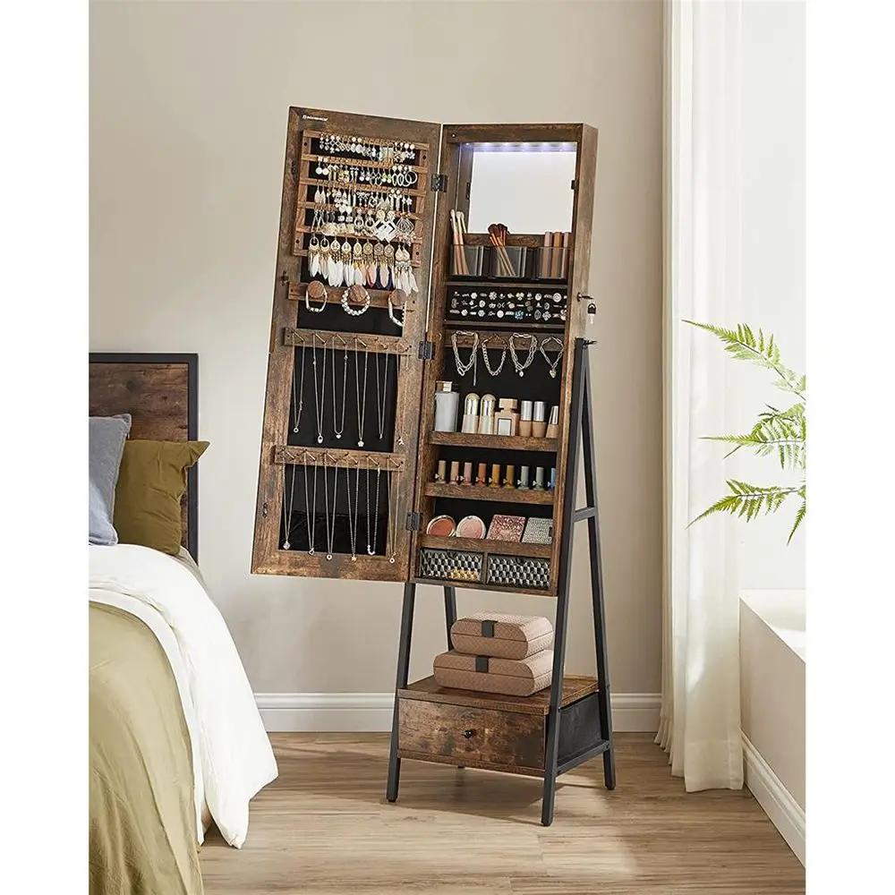 【Gift Idea】SONGMICS LED Mirror Jewelry Cabinet Standing, Lockable Jewelry Armoire with Full-Length Mirror, Space-Saving Jewelry Organizer with Mirror, Bottom Drawer, Christmas Gifts