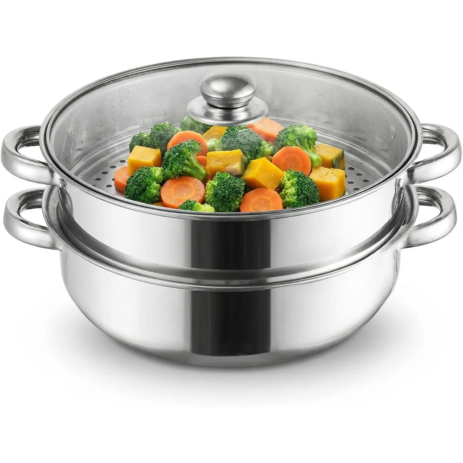 11-Inch 2-Tier Stainless Steel Steamer Pot with Lid & Handles, Thickened Multipurpose Cookware for Vegetables, Dumplings