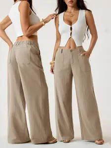 Women's Classical Linen Lightweight Palazzo Pants Summer Flowy Wide Straight Leg Beach Trousers With Pocket Casual Solid Color Soft Elastic High Waist Lounge Pants Travel Vacation Bottoms Date Brunch Home Work Streetwear Outfit
