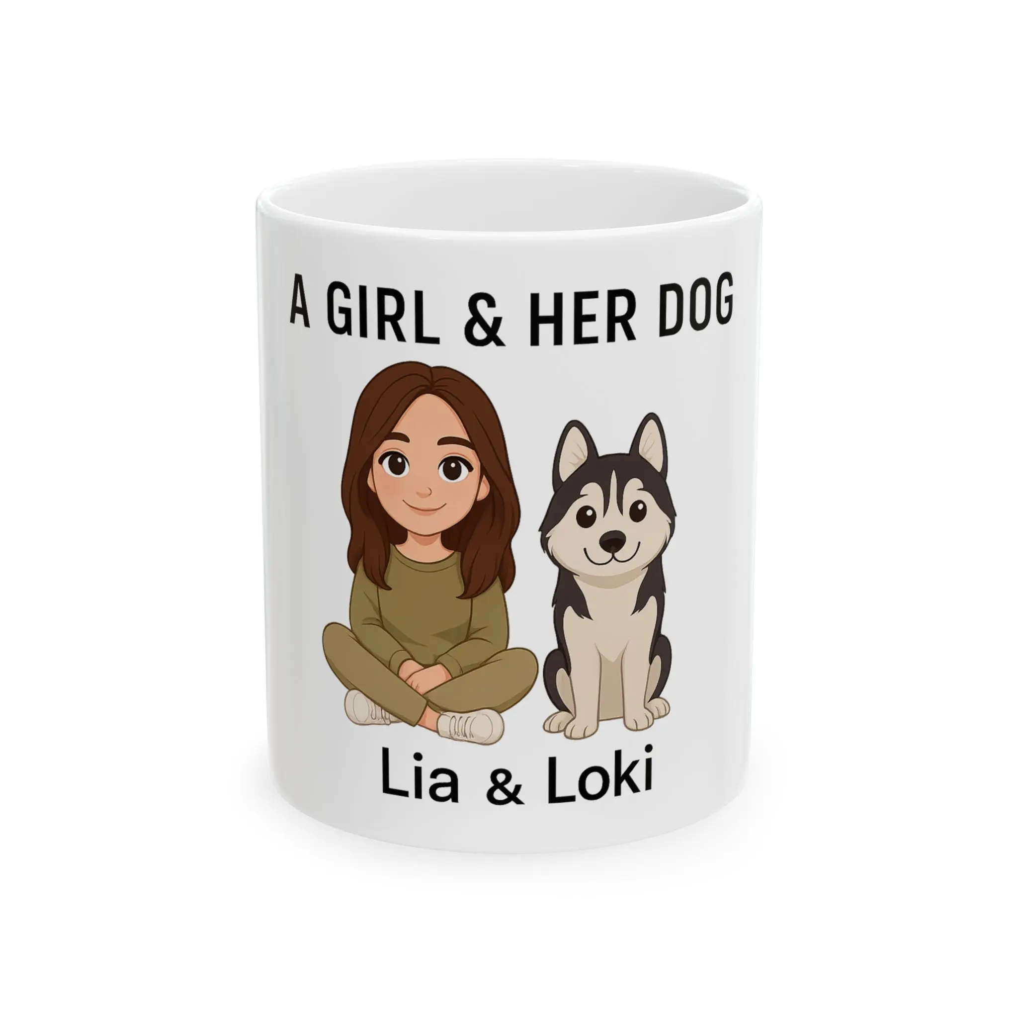 Custom Dog Cartoon Mug Personalized Girl & Her Husky Lia & Loki Ceramic Dishwasher Safe Gift for Dog Moms Birthdays Christmas