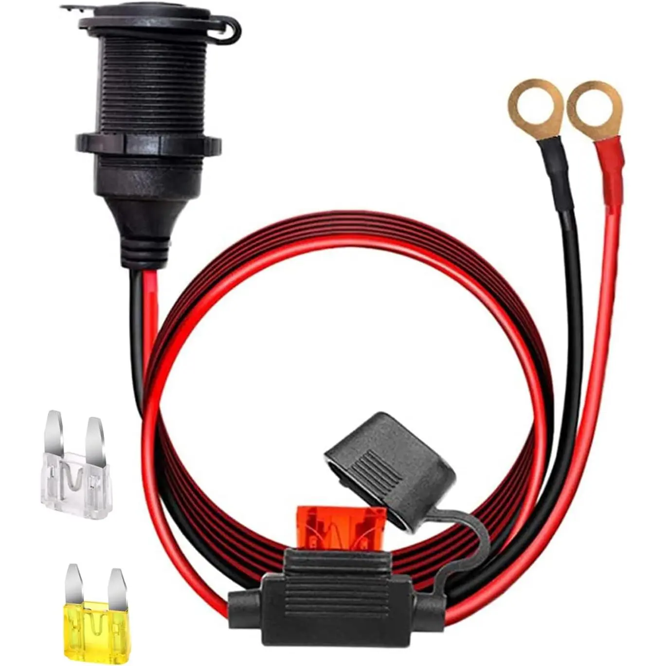 12V/24V Fixed Thread Cigarette Lighter Socket Extension Cable with Perforated Terminal Direct Battery Type car Adapter 2.5mm² 20A Heavy Duty Cable 10FT(Free Two Blade fuses)