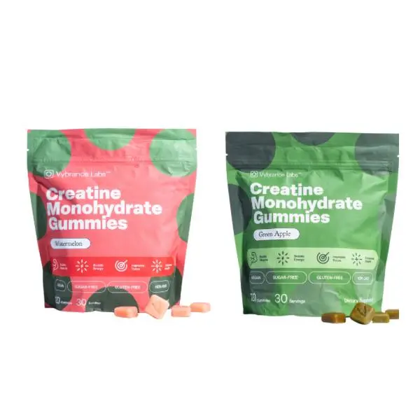 VYBRANCE LABS Creatine Gummies for Women & Men 2 Flavor Bundle — First & Only 5g Creatine + Taurine + Vitamin B12 | Vegan Creatine Gummies | Sugar-Free | Sour Green Apple + Watermelon