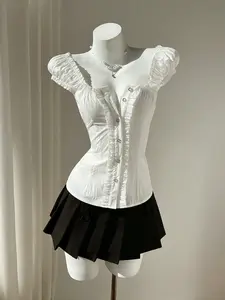 Women's Summer Blouse Top, Sweet Style Fitted Shirt with Wooden Trim & Single Button Closure, Slimming Design for Casual Wear