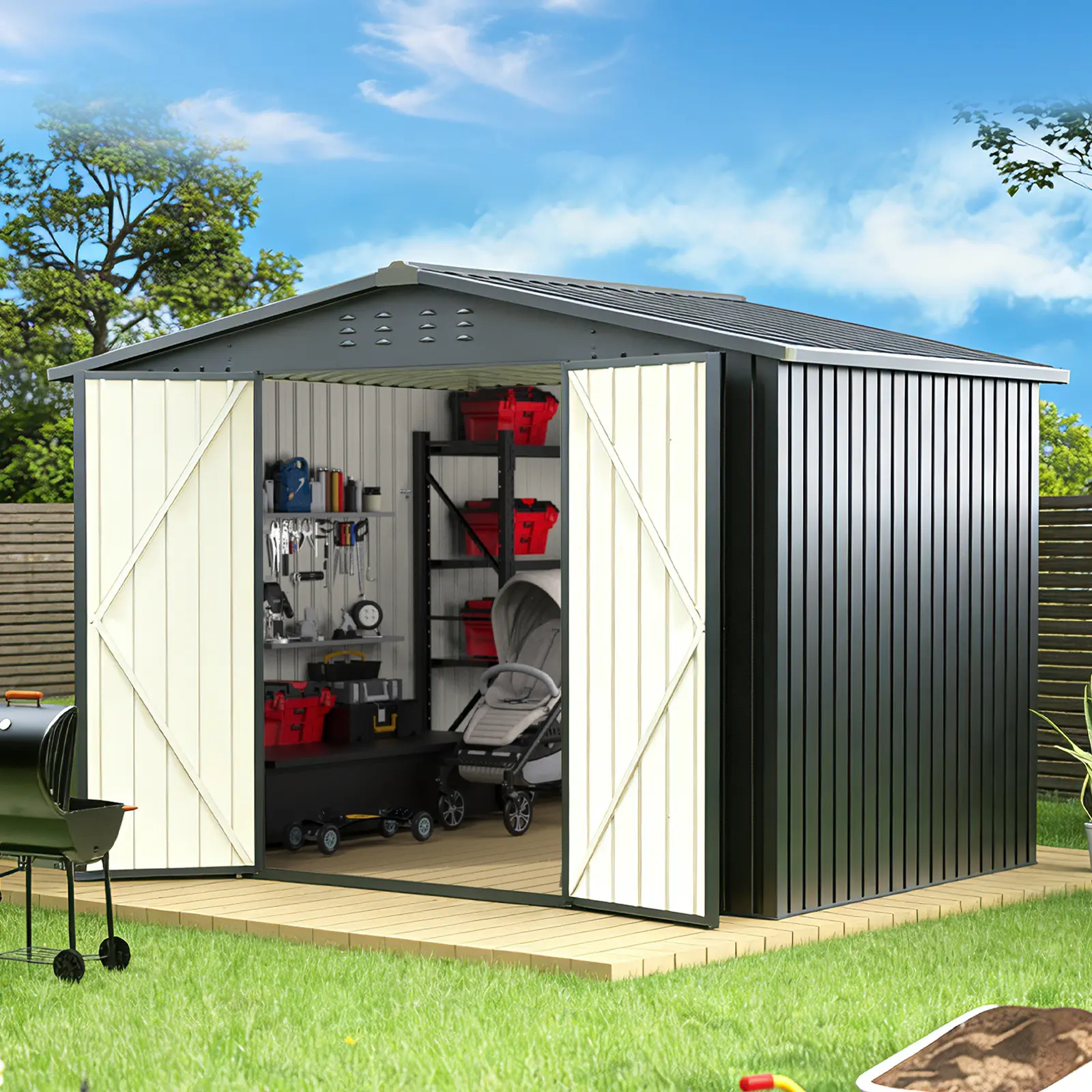 MNLR 8x8 FT Metal Outdoor Storage Shed with Metal Panels, Lockable Doors, Sturdy Frame & Double Rainproof Sunproof Roof for Lawn, Garden Backyard, Durable Garden Shed, Garden Storage Sheds