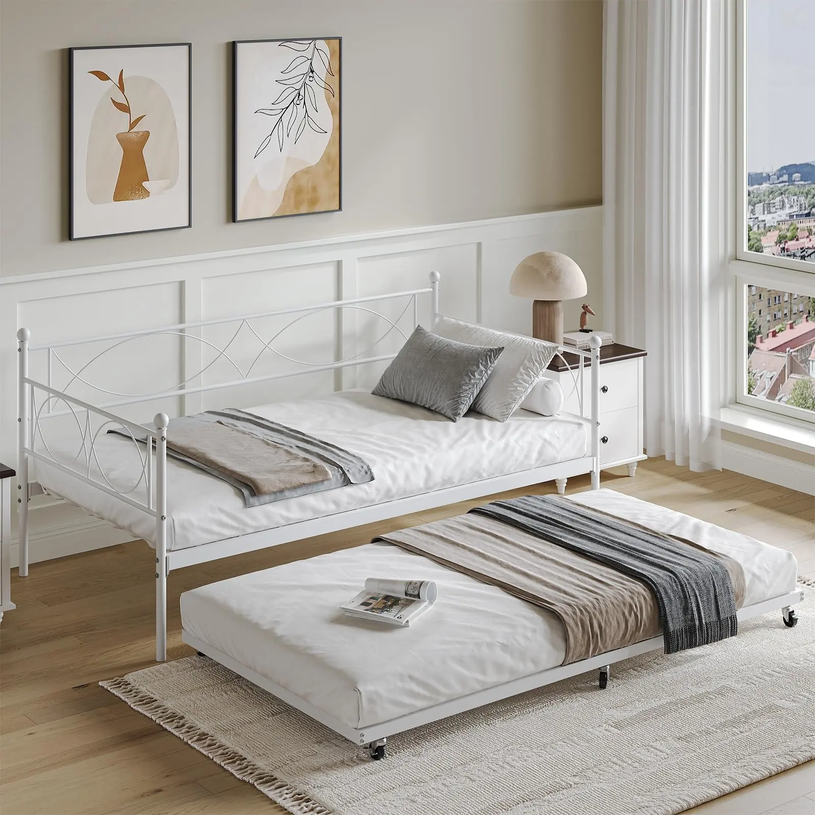 Gaomon Twin Metal Daybed with Pull-Out Trundle, Space-Saving Multifunctional Platform Bed with Premium Steel Slat Support, for Bedroom, Living Room, White