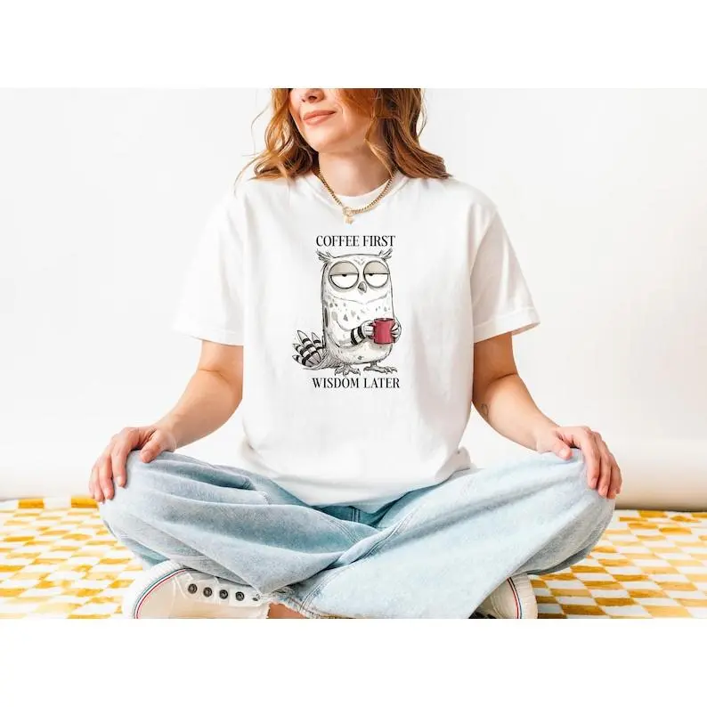 Women's Cotton Funny Owl Graphic T-Shirt - Round Neck, Short Sleeve, Soft, Lightweight, Foldable, Smooth, Seamless, Casual Solid Top with Barista Humor Sleepy Bird Print, All Seasons Clothes, Machine Washable, No Custom Made Option