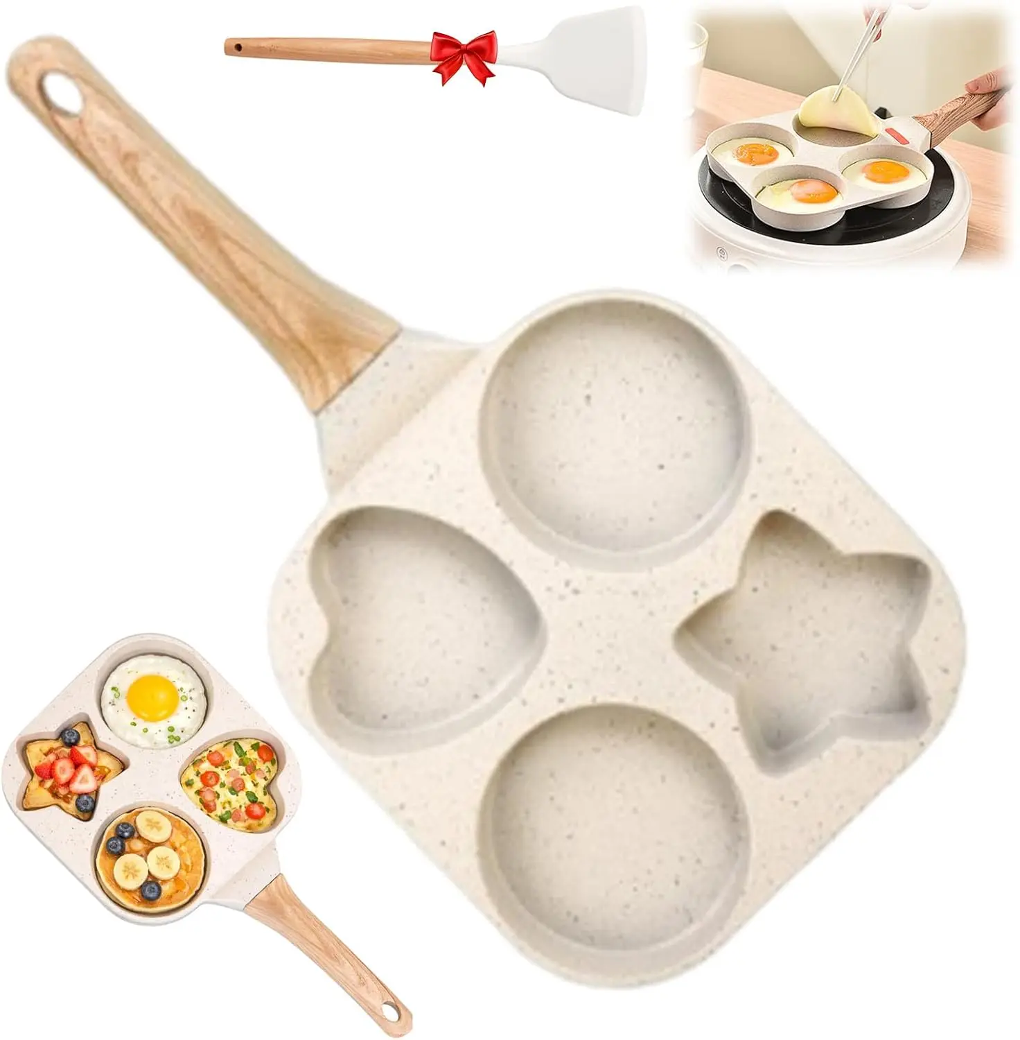 Non-stick Egg Frying Pan, 4 Hole Skillet with Wooden Heat-proof Handle, Maifan Stone Coated Breakfast Cookware, Great for Fried Egg, Mini Pancake, Egg Toast Bread, Multi-functional Household Cooking Accessories for Daily Family Breakfast