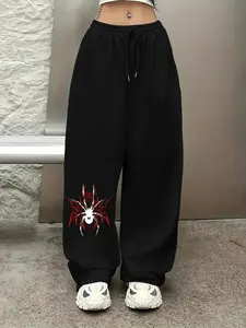 Women's Spider Print Drawstring Adjustable Waist Loose Sweatpants, Street Fashion Casual Comfy Pocket Pants for Daily Wear, Women's Bottoms for All Seasons