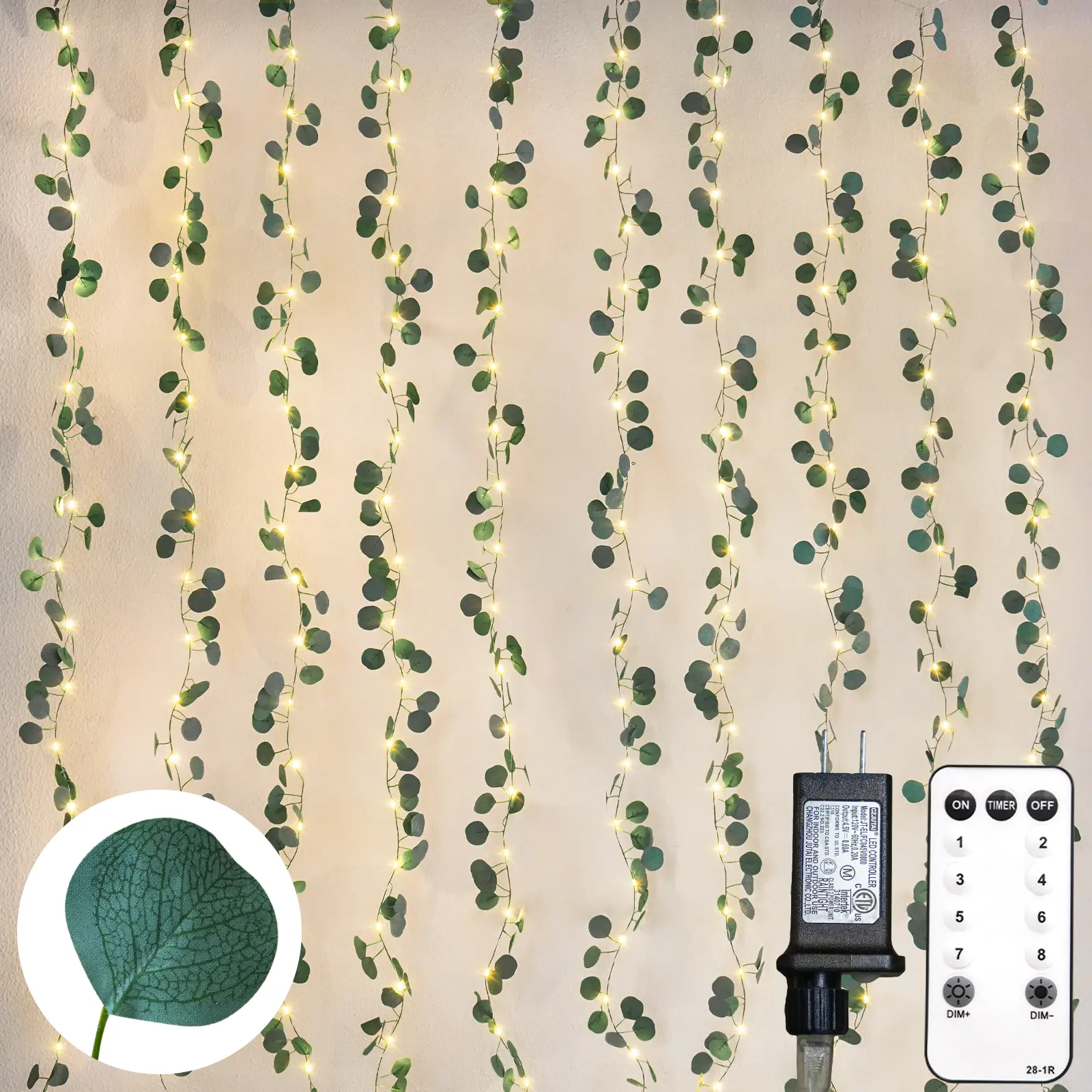 SUDDUS 200 LED Vine with Light, Plug-In, 6.5 ft x 6.5 ft Eucalyptus Fairy Curtain Lights with Remote, Leaf Fairy Lights for Wall, Bedroom, Dorm, Wedding, Party, Indoor Decor (Warm White)