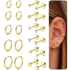 Exquisite Small Hypoallergenic Flat Back Stud Earrings for Women Men 14K Gold Plated Surgical Stainless Steel Earring Sets Tiny Screw Back Cartilage Earring