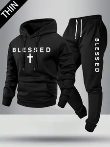 Men's Spring/Autumn Lightweight Hoodie & Jogger Set with Blessing Letter Cross Print Pattern, Stylish Casual Men's Pocket Streetwear Sweatpants with Elastic Waist & Drawstring, Perfect Gift for Him