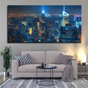 Solid wood frame, New York City oil painting wall painting, Manhattan skyline, night view canvas poster, painting modern office, home, bedroom, cafe decoration poster, gift wall decoration
