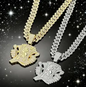 European and American hip-hop style full-diamond Cuban chain with dollar bill and thumbs-up pendants, personalized necklace for men, accessory