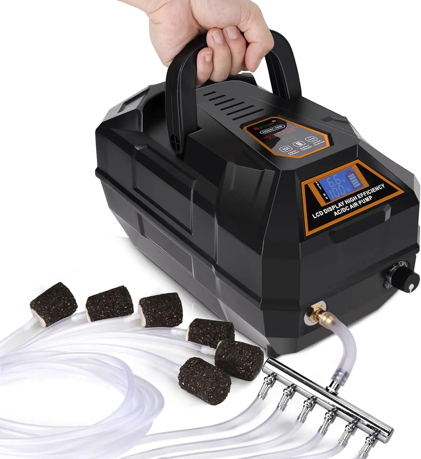 hygger Rechargeable Aquarium Pond Air Pump, Powerful Quiet Commercial Tank Air Pump with Hose Air Stone Check Valve Adjustable Flow Diverter Valve for Fishing Yacht/Power Outages/Hydroponic