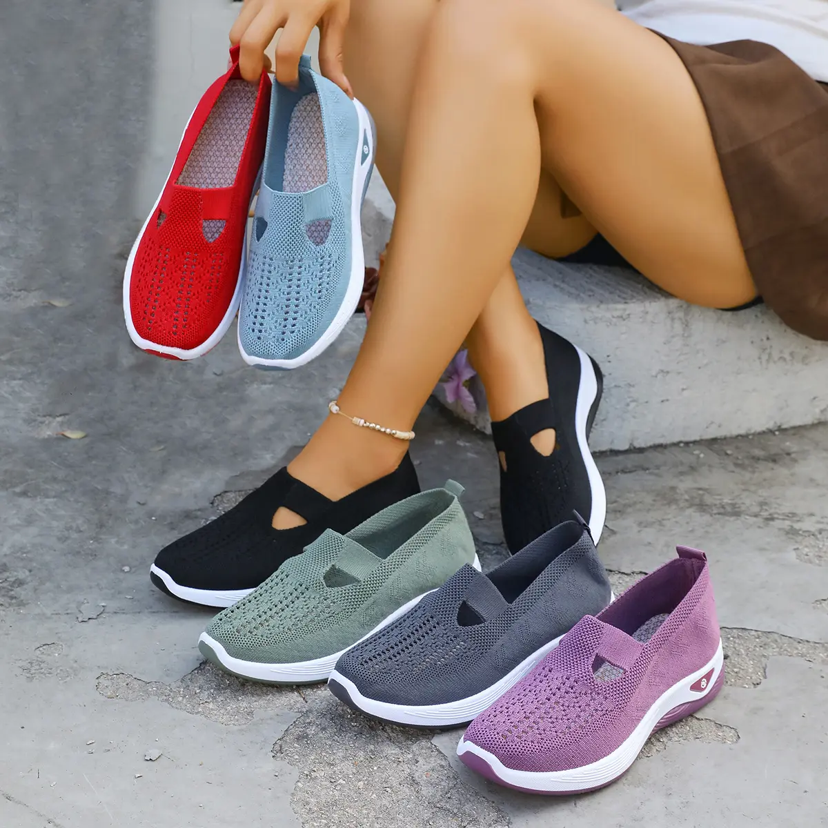 Women's Walking Shoes, Lightweight Slip-On Mesh Athletic Sneakers with Orthopedic Support and Decorative Buckle, Stylish, Active, Soft, Footwear