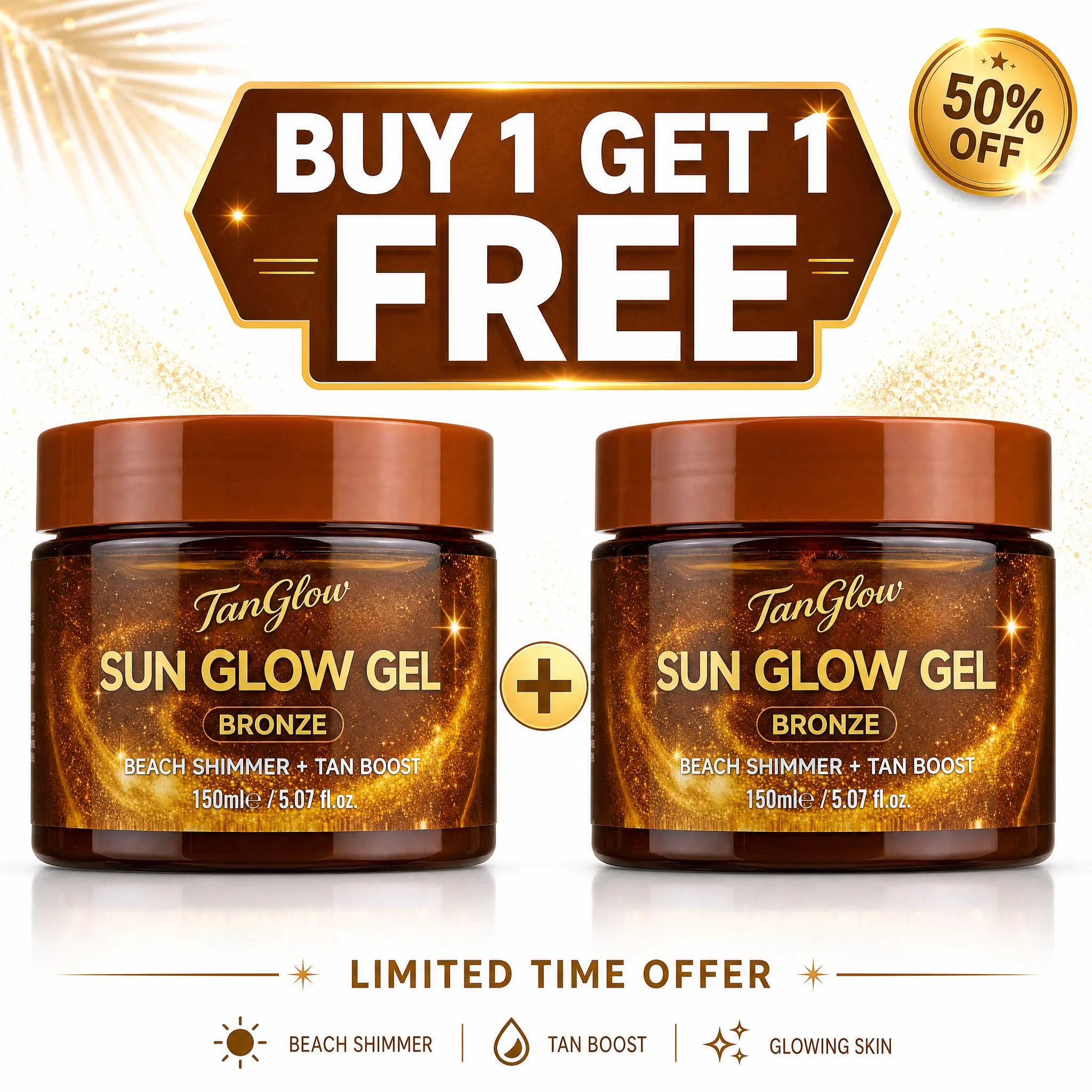 Golden Shimmer Sun Glow Tanner, Buildable Tan Body Gel for Vacations, Lightweight Formula for All Skin Types - 2 Pack (5.07 oz each), Bronzing Gel, Tanning Products, Uneven Skin Tone, Single Item