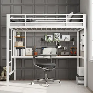 Gaomon Twin Size Metal Loft Bed Frame with Large Desk, Storage Shelves, Safety Guardrail, Ladder - Space-Saving Bedroom Furniture for Kids (White and Brown)