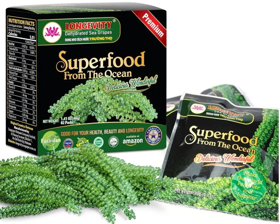 LONGEVITY Dehydrated Sea Grapes, 1.4 oz of (Pack of 2), Umibudo Green Caviar, Lato Seaweed | Enhance Health, Boosting Immune System, Valued Natural Gift From Sea (Original, 40g)