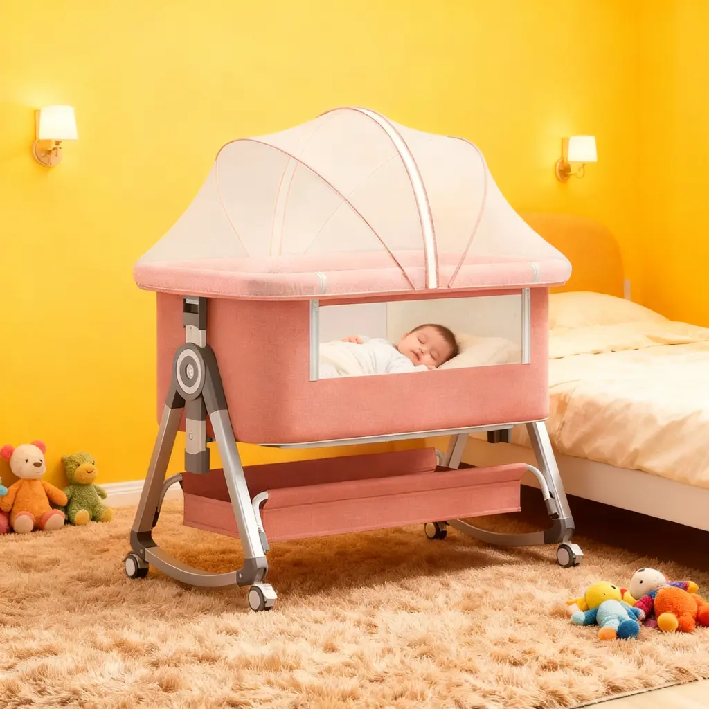 Virplik 4-in-1 Portable Baby Bassinet with Mosquito Net, Rocking Function, Storage Basket, Adjustable Height, Foldable Design, Wheels, Mattress, Crib for Newborns Bassinet with Mattress