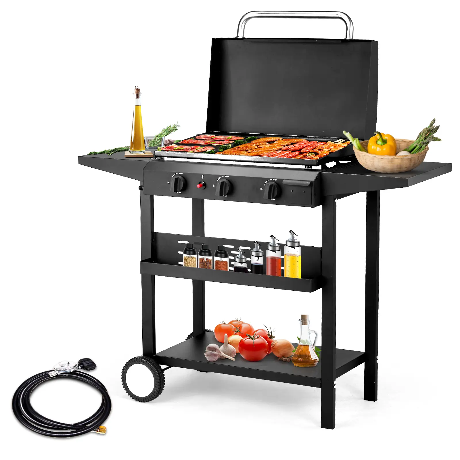 Sturdy Rectangular Oil-Free 3-Burner Flat Top Gas Griddle Station - Ceramic Coated Cast Iron Pan, 30000 BTU Propane Outdoor Freestanding Barbecue with Side Shelves, Spice Rack for Backyard Cookout, Patio, Outdoor Freestanding Barbecues