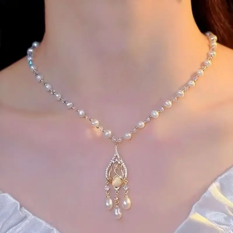 Elegant Peacock Pearl Chain Necklace for Women with Crystal Water Drop Pendant, Luxury Statement Collar Jewelry
