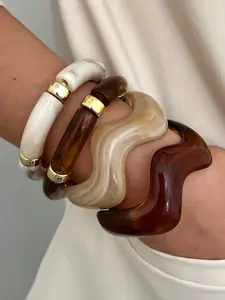 4-Piece Boho Style Jewelry Wave Shape Ccb Resin Bangle Set, Elastic Stretchy Bracelet for Women, Stackable Daily Wear, Perfect Gift, Summer Dainty Jewelry, Stack Bracelets