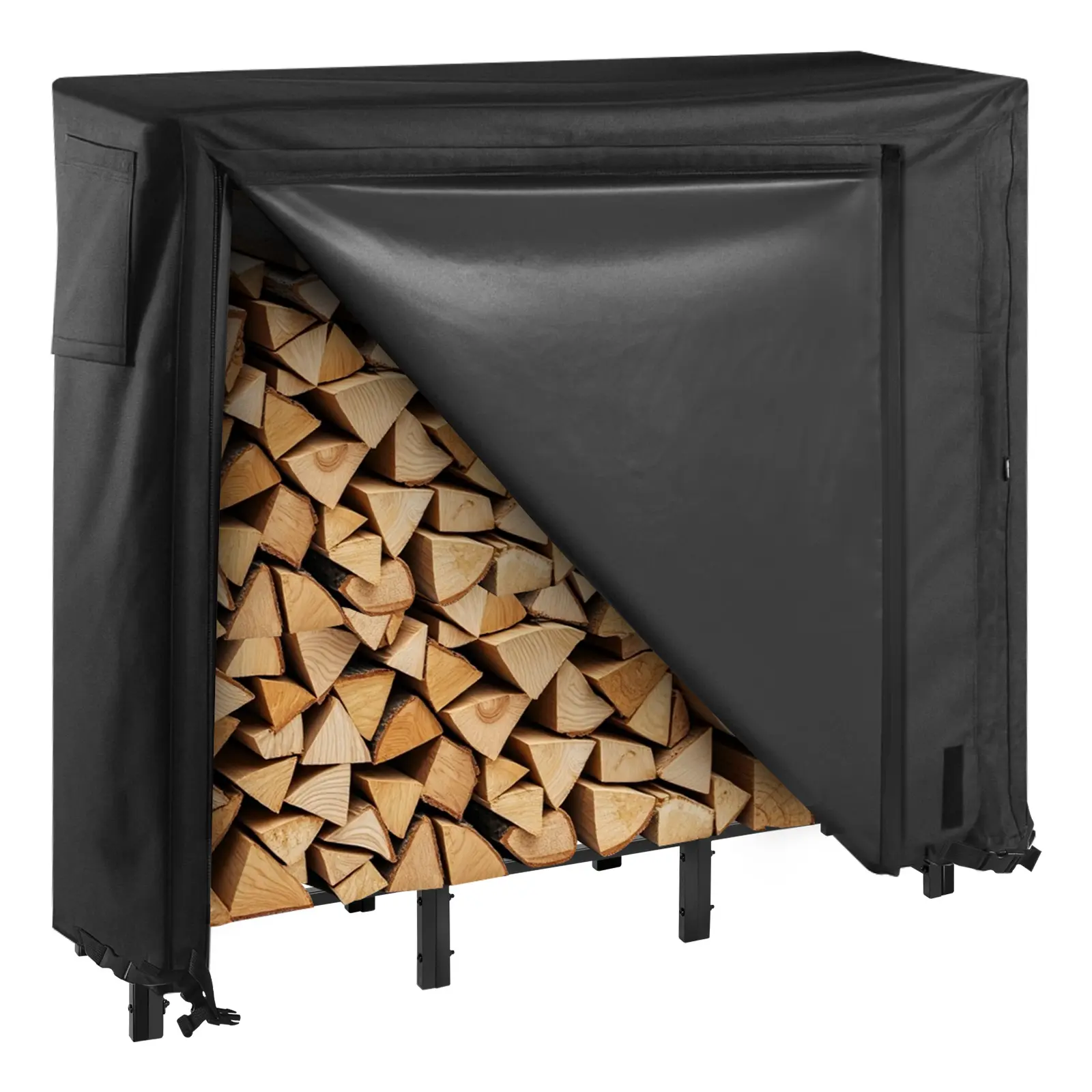 【SummerFinds】VEVOR 4 ft Steel Outdoor Firewood Rack with Waterproof Zip-Open Access Cover, 1/4 Cord Powder-Coated Log Holder, 400lb Max Capacity, Freestanding Patio & Gardens Fireplace Accessories