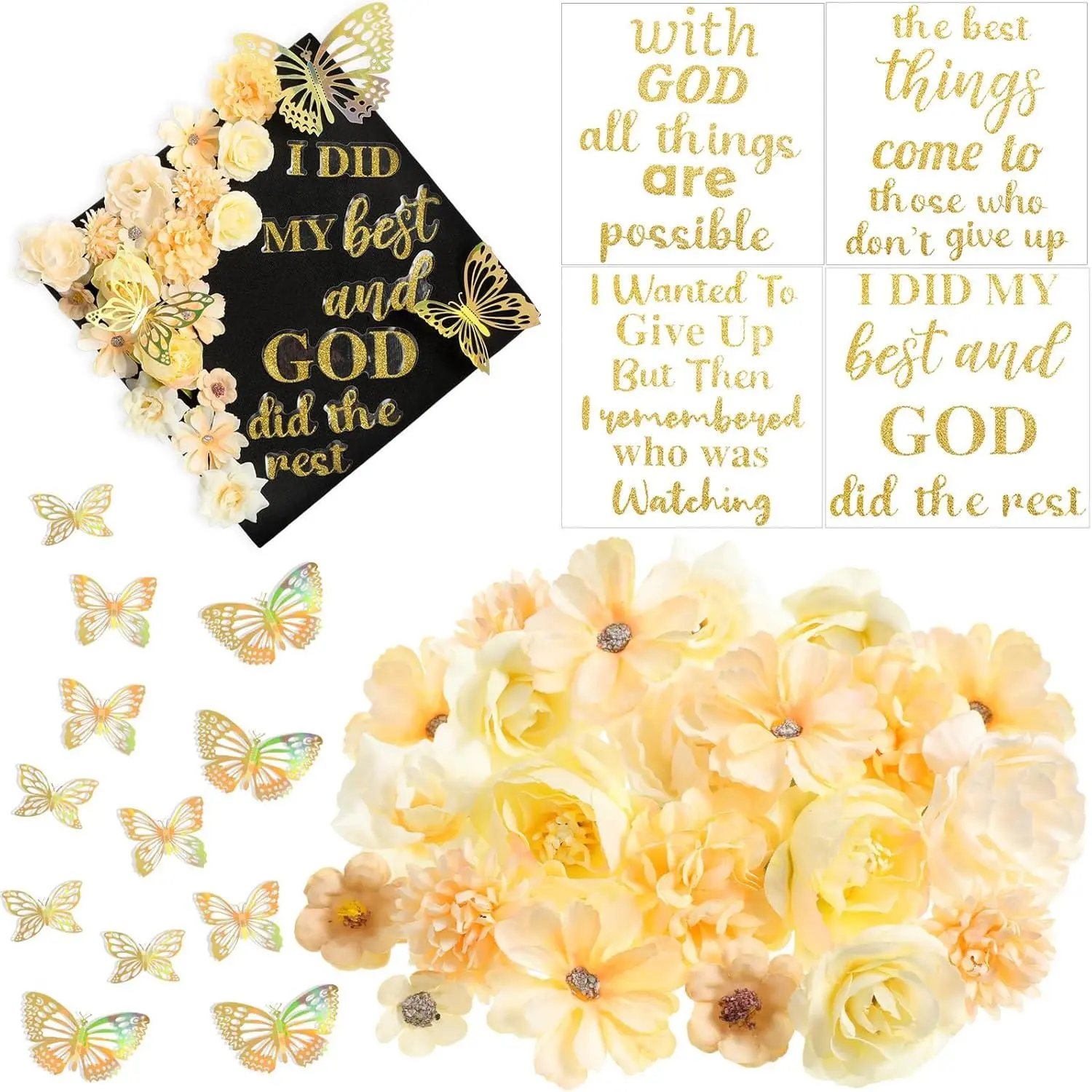 36-Count Modern DIY Graduation Cap Decorations Accessory Kit - Synthetic Bright Faux Flower Heads, Inspirational Graduation Quotes, Glitter Stickers, Butterflies for Durable Cap Toppers & DIY Crafts to Create Lasting Memories