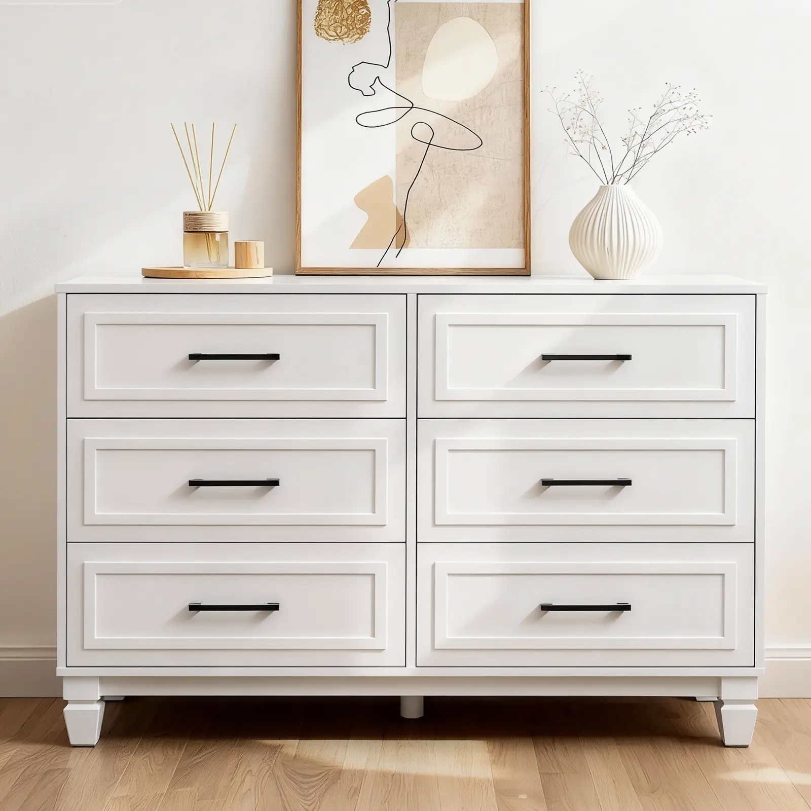 BERRY NEST Sturdy Rustic Modern Chest - 47.2" Wide White Wood 6-Drawer Dresser for Bedroom with Metal Handles, Deep Drawer Access, Clothes Organization Furniture (120lb Capacity, 55" TV Fits), Modern Home Furniture, Drawers For Clothes