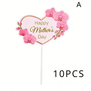 10 sets of Mother's Day cake decorations, pink heart-shaped flowers, rose decorations, paper cupcakes, desserts