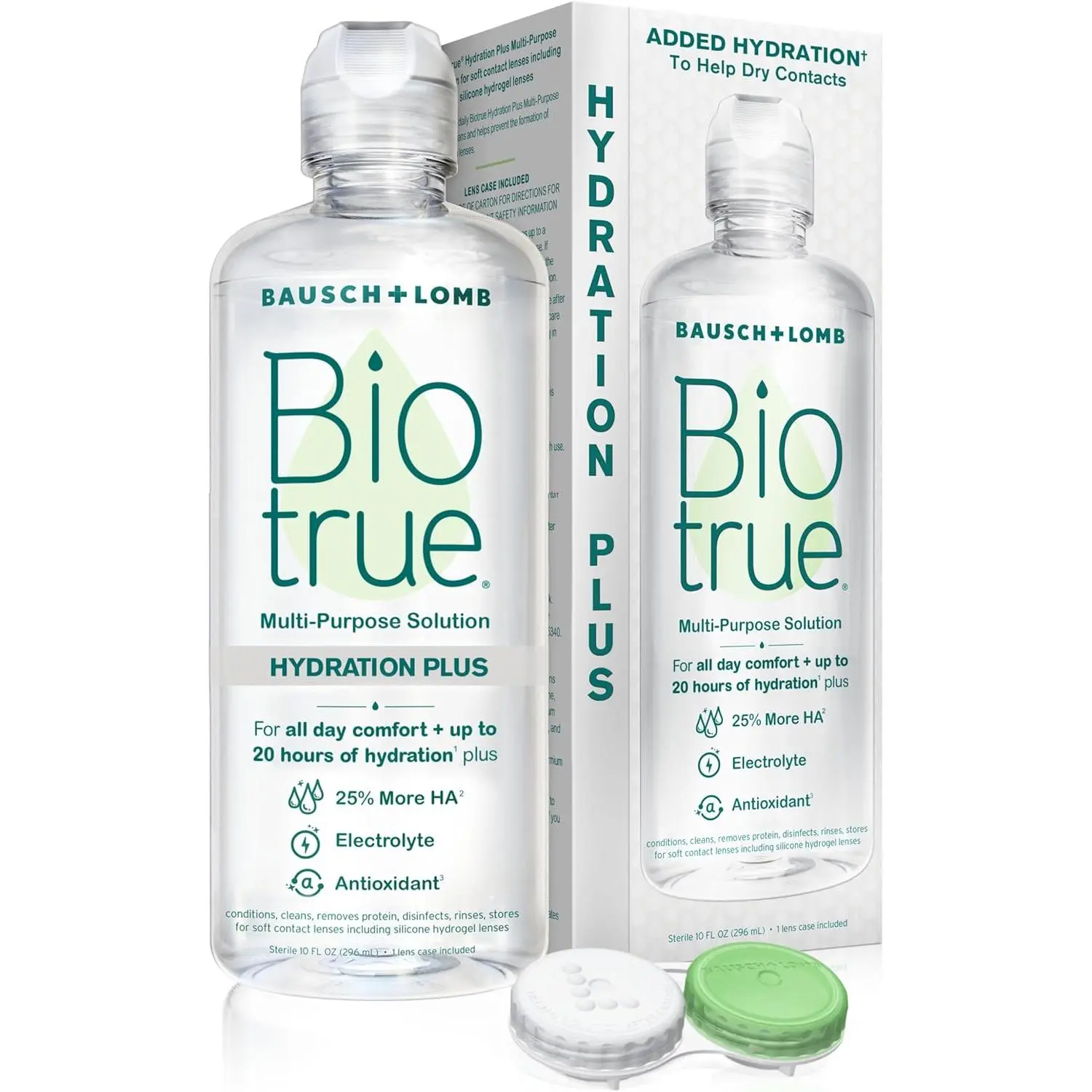 Biotrue Hydration Plus Contact Lens Solution with Lens Case, Multi-Purpose Solution for Soft Lenses, Hydrates with Hyaluronan, Cleans, Clears, and Disinfects for All-Day Comfort, 10 Fl Oz (Pack of 1)