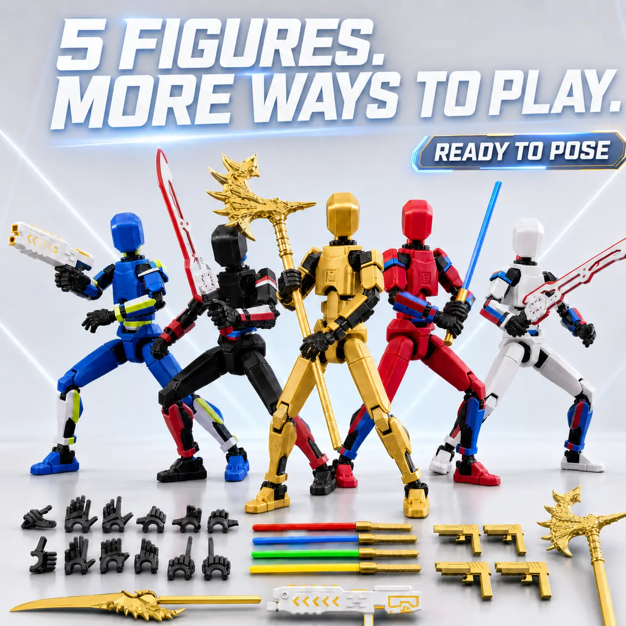 Titan 13 Action Figure Set (2/5-Pack), 3D Printed Multi-Colored Assembled Action Figures with Laser Saber, T Dummy, Robo Nova Accessory