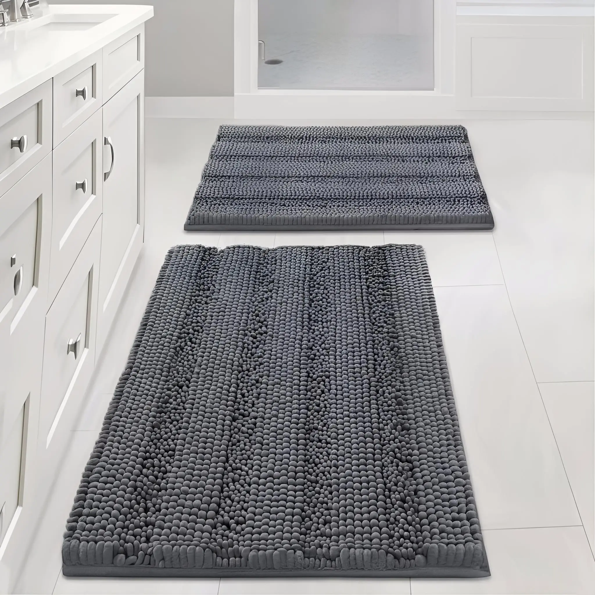 1-2 Pcs Dark Grey Chenille Striped Shaggy Bath Mats Set - Extra Thick, Washable, Non-Slip, Water Absorbent, Comfortable Rectangle Bathroom Accessories, Decorative Bath Mats for Bathroom