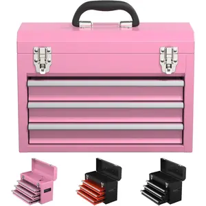 3 Drawers Tool Box,3 Drawer Tool Box with Locking System toolbox organization with Liner for Tools (Pink)