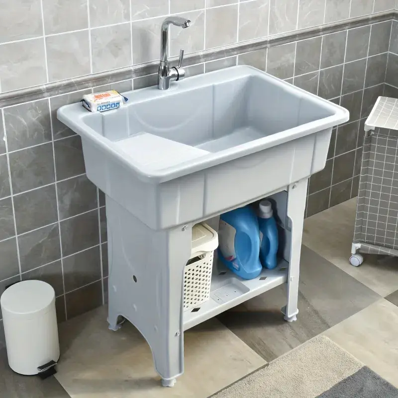 CNCEST Modern Freestanding Plastic Rectangle Wash Tub with Washboard, Faucet, Storage Cabinet, 31.5" Height Utility Sink, 154lb Capacity, Rotatable Hot-Cold Spout, 1* Drain Pipe, Lightweight Bathroom Fixture for Garage, 78.7*56Cm