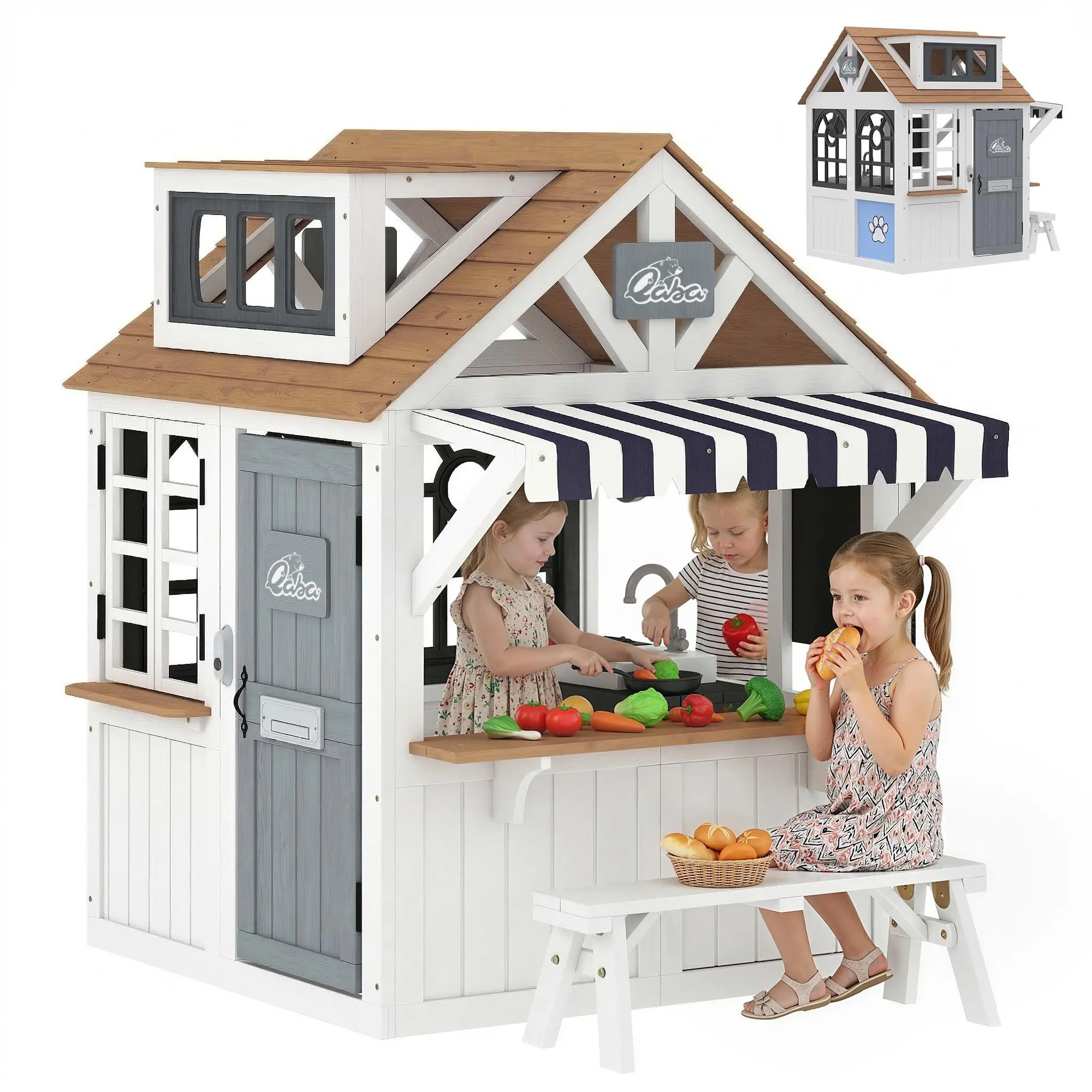Qaba Outdoor Playhouse, Wooden Kids Playhouse with Dog Door, Kids Cottage with Cookware, Blackboard, Bench, Doorbell for Backyard Garden, Indoor Playroom Imaginative Play for Ages 2+, White