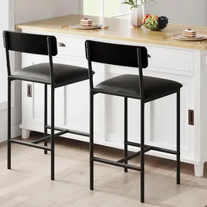 Bar Stools Set of 2 - Kitchen Bar Stools with Footrest - PU Upholstered Counter Height Barstools - Bar Chairs with Back for Kitchen Island/Apartment/Counter Bar - Easy Assembly - Black Strong Metal Frame