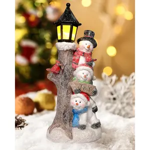 iStatue Lighted Stacked Snowman Tabletop Decor Figurine with Lamppost Lantern - 11.2'' Resin Cardinal Christmas Decorations Indoor - Unique Xmas Gift Idea (Joy Trio)