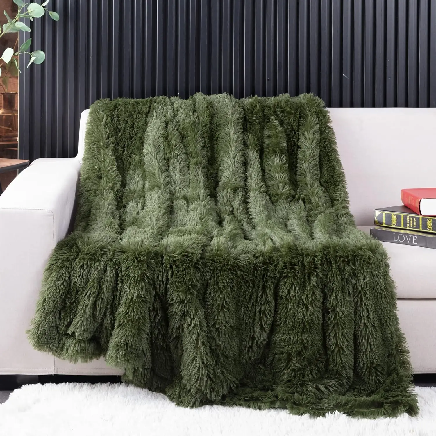 Olive Green Faux Fur Soft Throw Blanket - 2-Layer, 50"x60" Plush Shaggy Thick Warm Blanket for Fall Room, Women, Pets