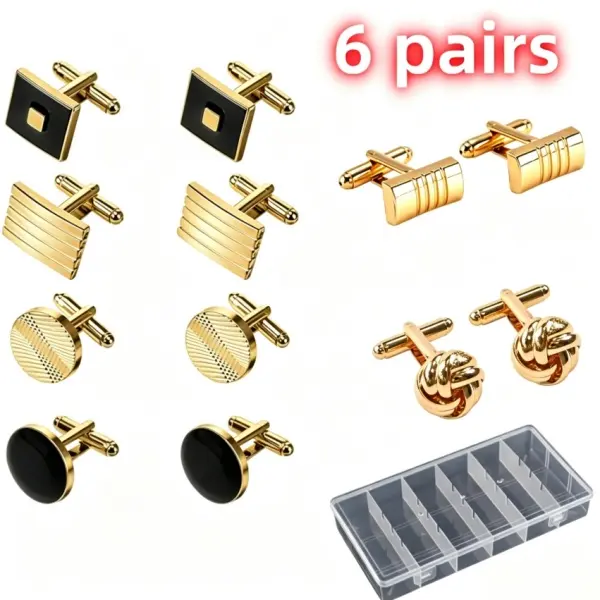 6 Pairs Men's Classic Cufflinks Set - Golden Tone Striped Disc, Square & Rectangle Designs, Durable Metal Bullet Back Closure, Elegant Cuff Links for Wedding Groom, Business Meeting, Party Favors