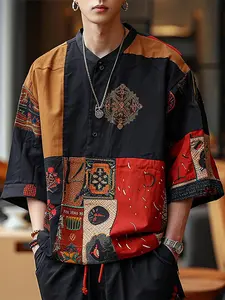 INCERUN Men's Buttons Open 3/4 Sleeve Tops Button Front Shirt Casual Stylish Loose Printed Floral Shirts Blouse Casual Fashion Top Casual Stylish Clothing