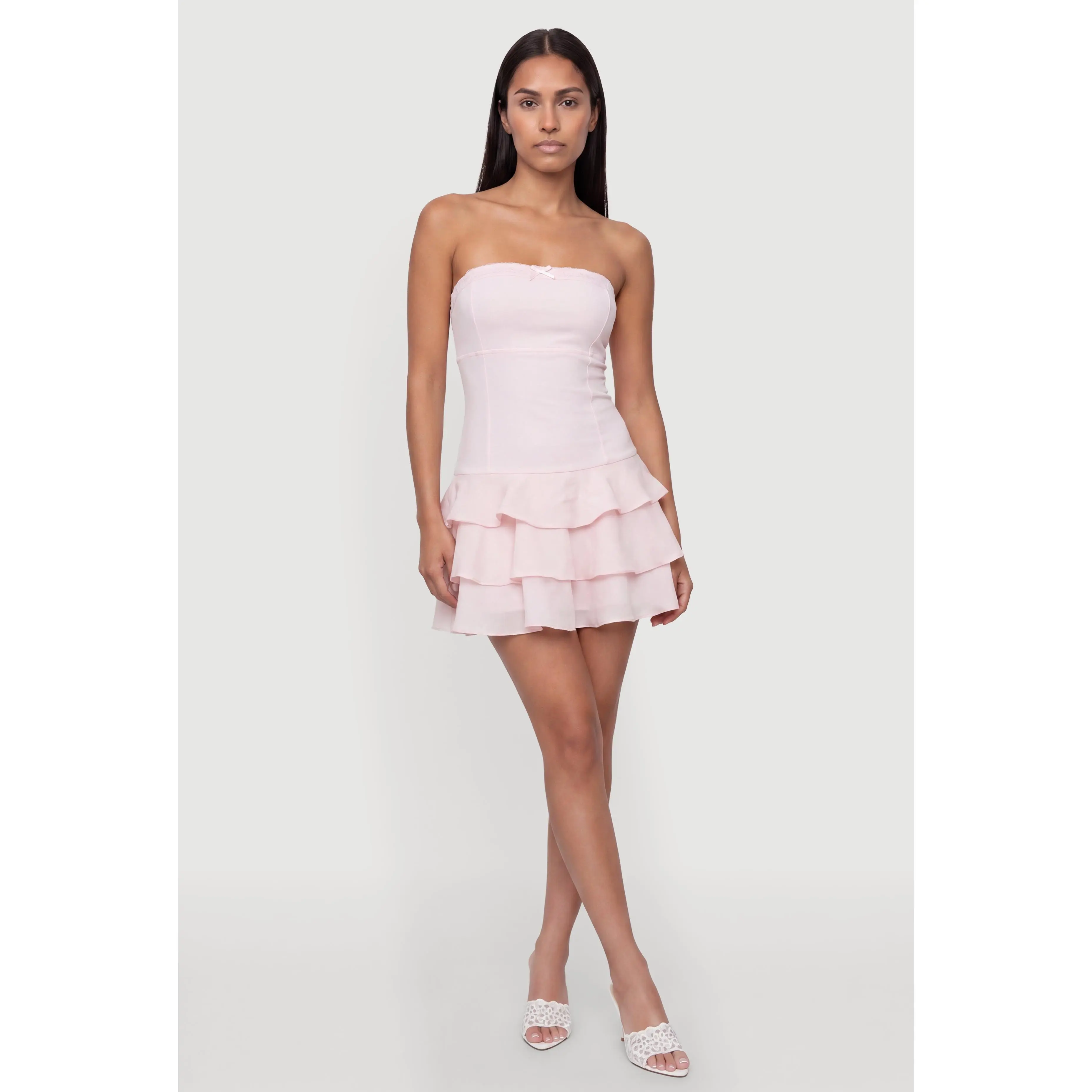 Lace Trim Ruffle Tiered Strapless Mini Dress