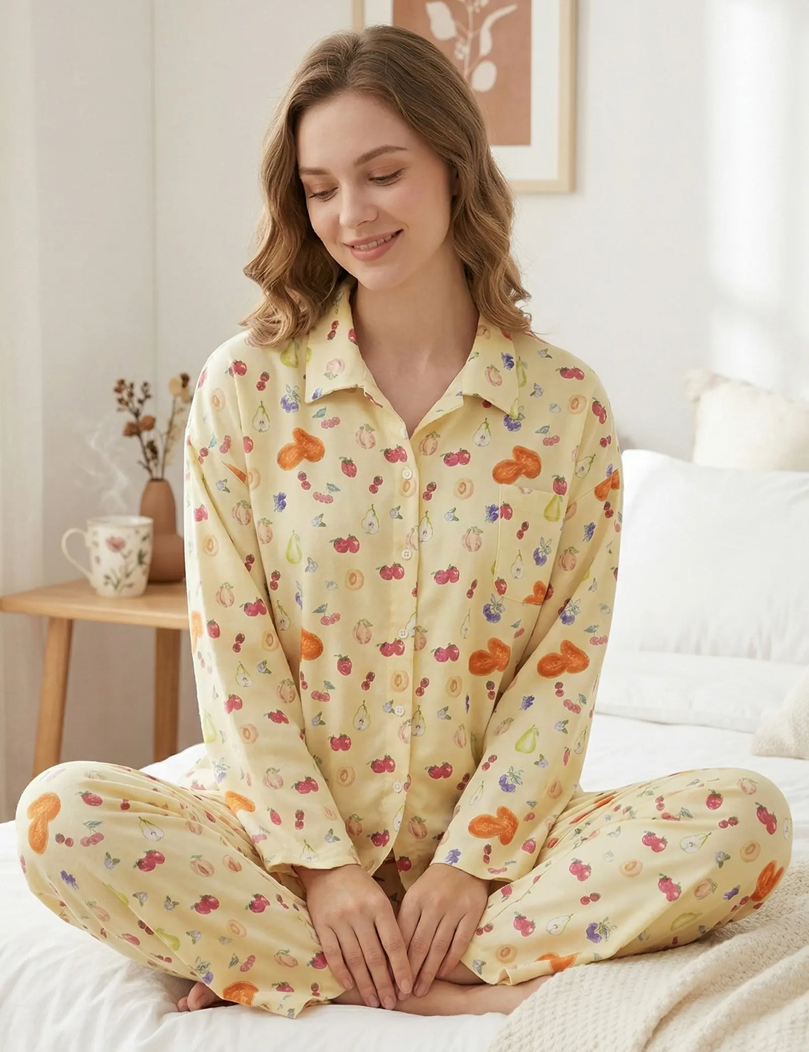 Women's 2-Piece Fruit Floral Pajama Set - Button-Down Long Sleeve, Wide Leg, Soft Touch, Lightweight, Stretchy, Breathable Nightwear Loungewear, Slip Cute Elegant