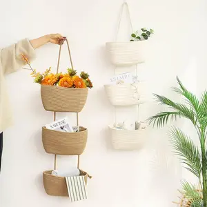 3-Tier cotton rope woven Hanging Storage Baskets 1pc  - Detachable Decorative Organizers for Living Room, Bathroom, and Bedroom - Over the Door Hanging Basket with Multiple Storage Compartments,decorative nursery basket petlovers