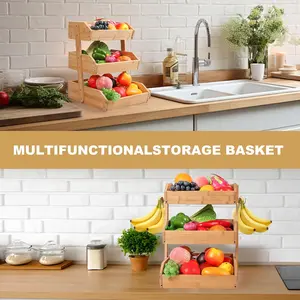 3 Tiered Bamboo Fruit Basket for Kitchen Counter,Produce Storage Vegetables Baskets Stand,Organizer for countertop,Large Wooden Counter Fruit Stand–Suitable for Display and Hold Bread,Snacks,Products Household Racks Room shoe Freestanding Multifunctional